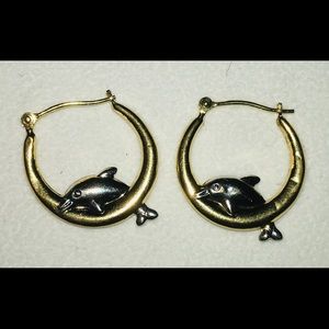 14K white and yellow gold dolphin hoop earrings